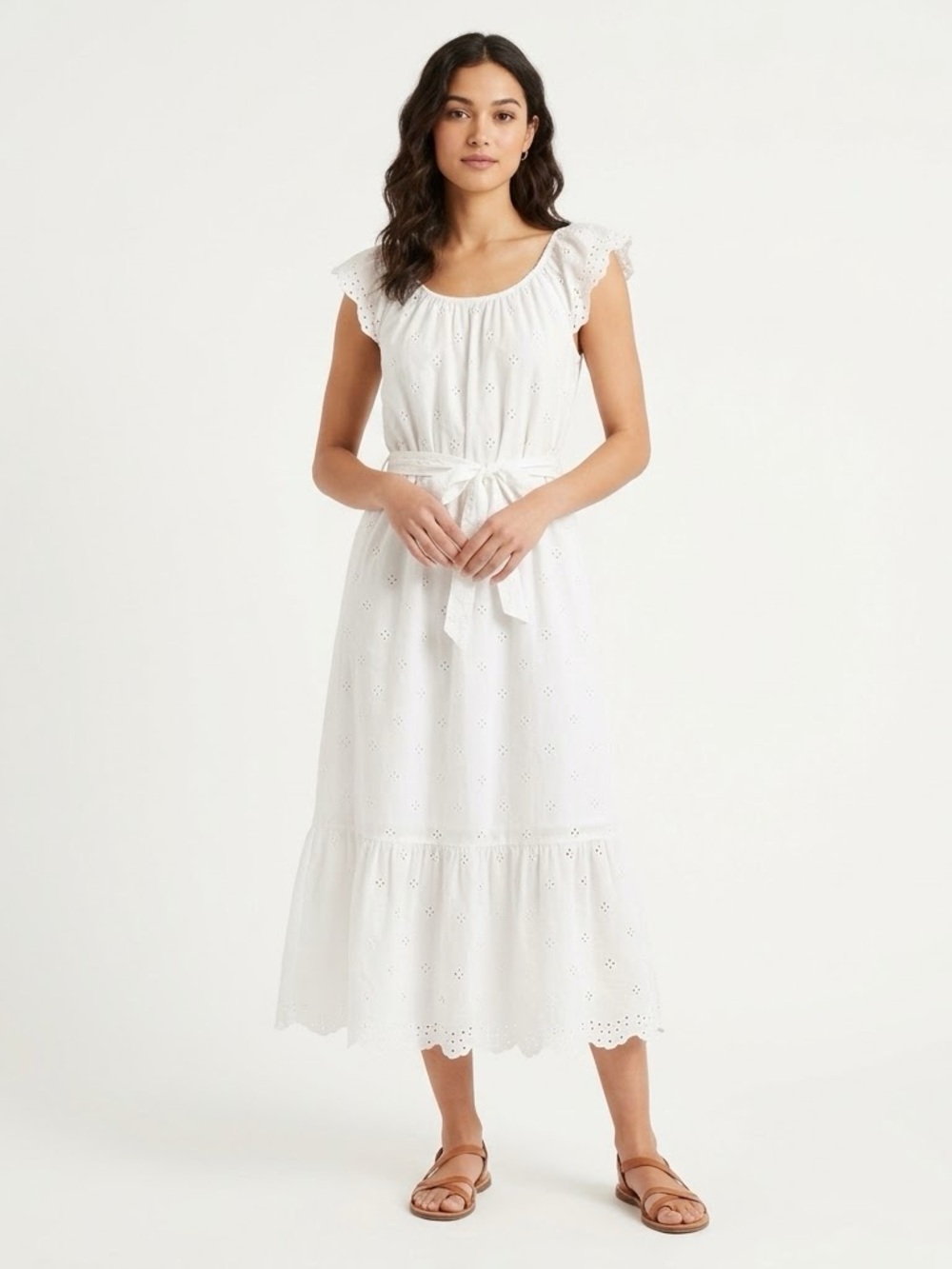Gap Women's Small White Eyelet Cotton Flutter Sleeve Tiered Midi Dress Lined Tie